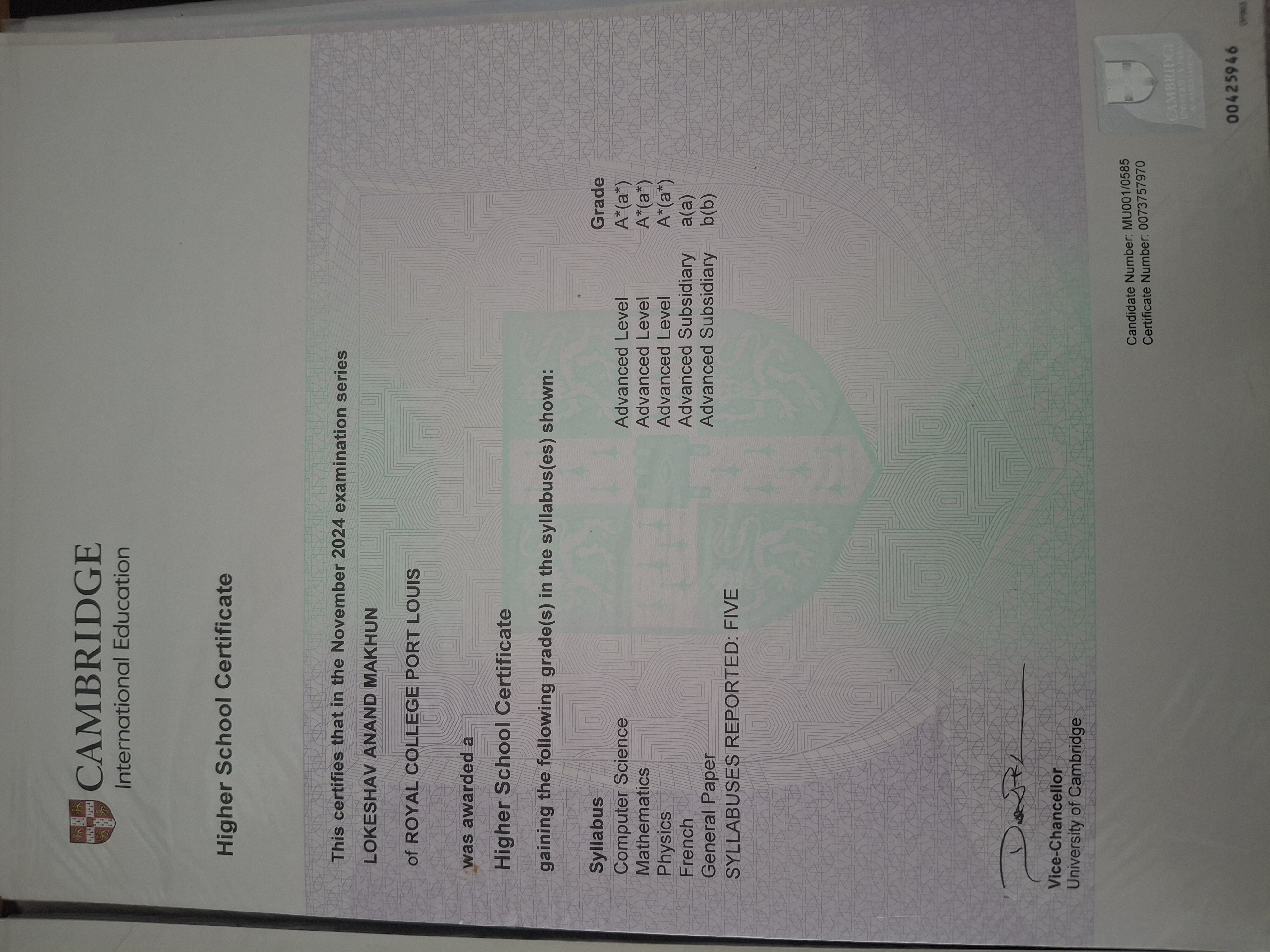 HSC Certificate